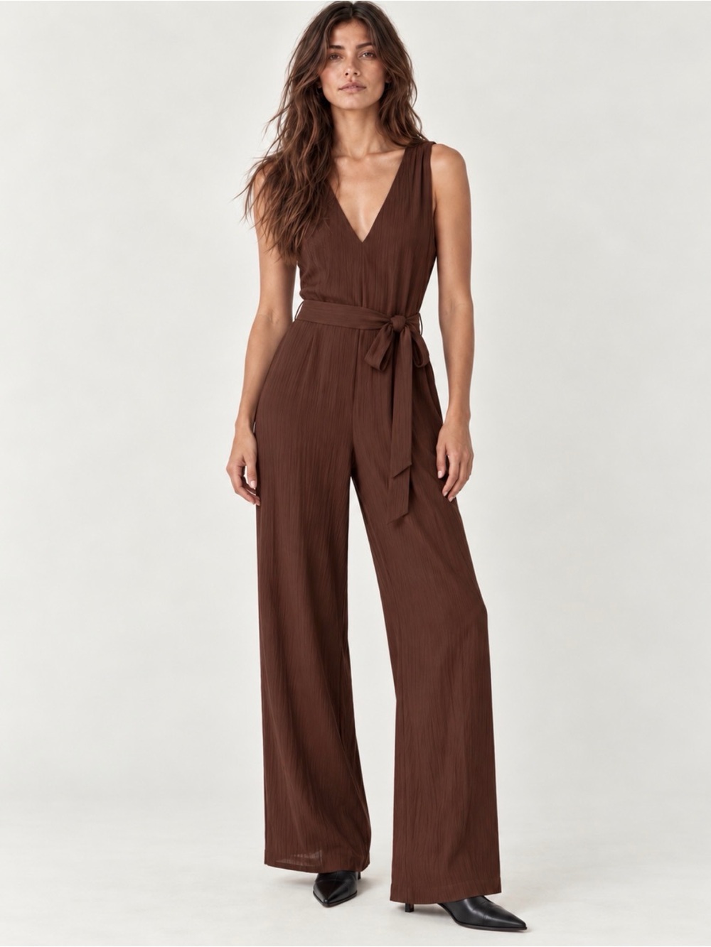 Mango Brown Flowy Belted Wide Leg Jumpsuit Size L